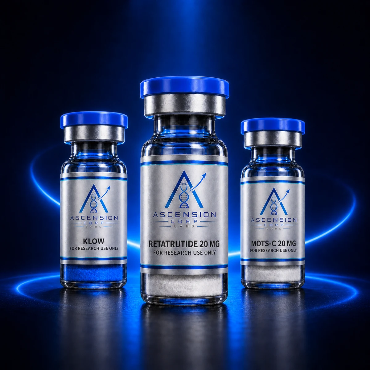 Three Ascension Corp Labs research vials: KLOW 80 mg, Retatrutide 20 mg, and MOTS-C 20 mg