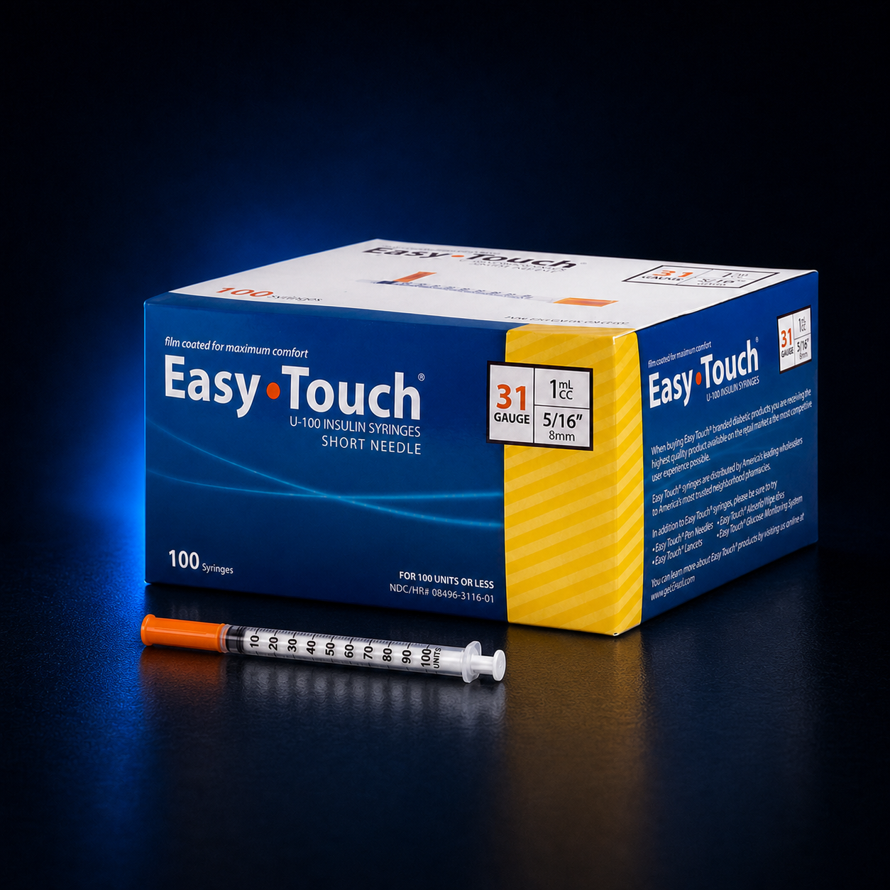 EasyTouch U-100 insulin syringes, 31 gauge, 1 mL, 5/16 inch, box of 100, displayed with a fully capped orange insulin syringe on a dark blue studio background