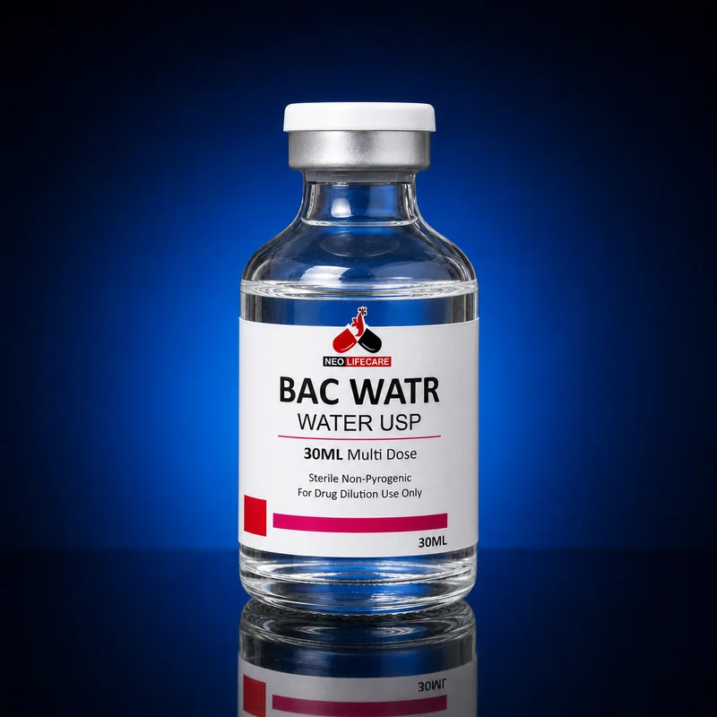 Neo Lifecare BAC Water USP, 30 mL multiple-dose vial on a dark blue studio background