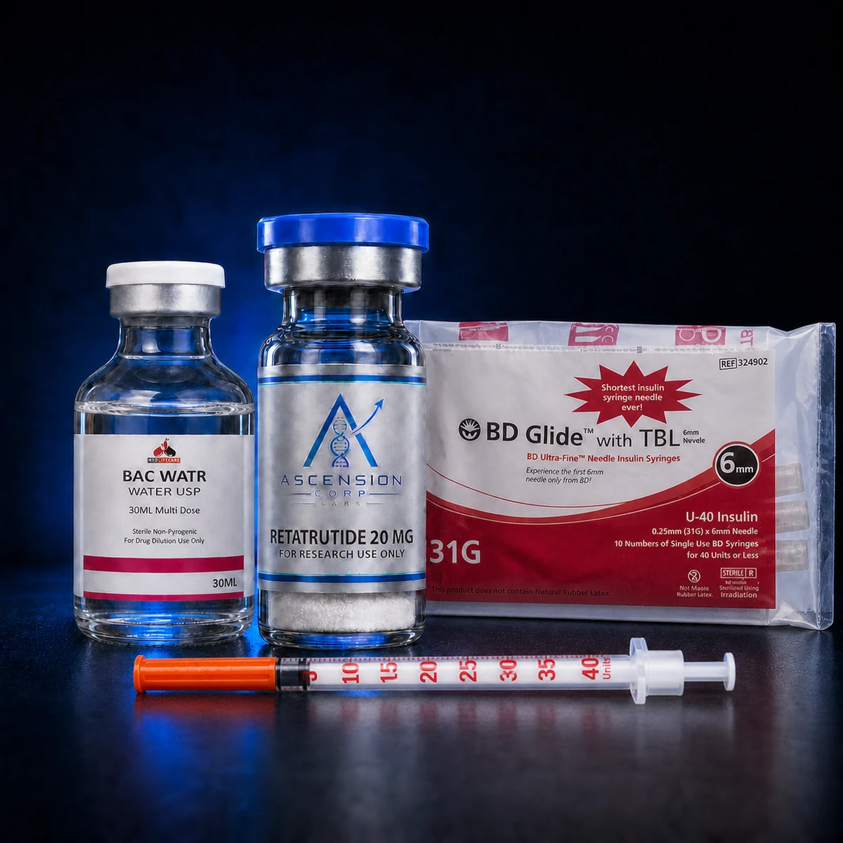 GLP-3 research kit with an Ascension-branded 20 mg vial, one 30 mL Neo Lifecare BAC Water USP vial, and a sealed BD Glide U-40 10-pack and one capped 40-unit U-40 syringe