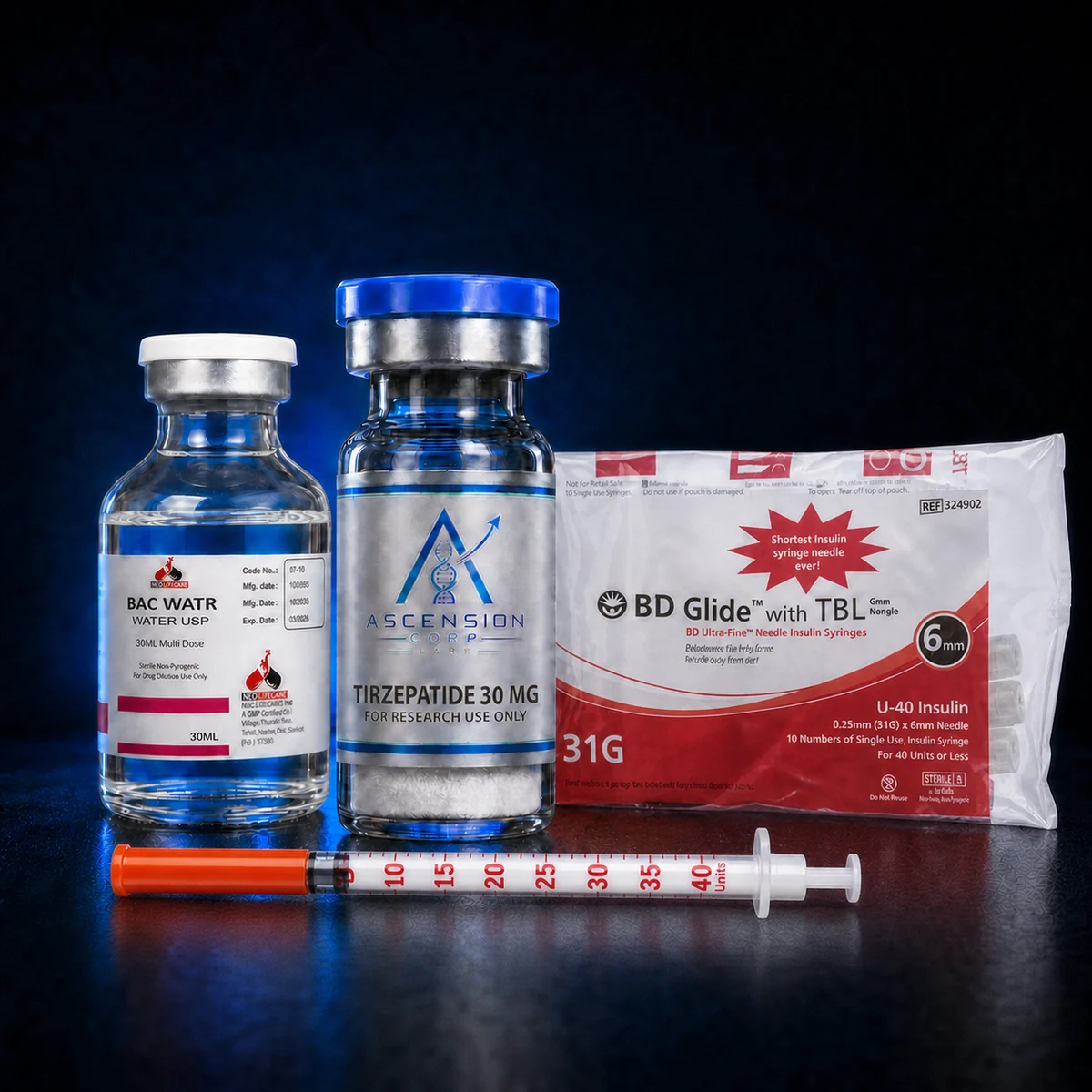 GLP-2 research kit with an Ascension-branded 30 mg vial, one 30 mL Neo Lifecare BAC Water USP vial, and a sealed BD Glide U-40 10-pack and one capped 40-unit U-40 syringe